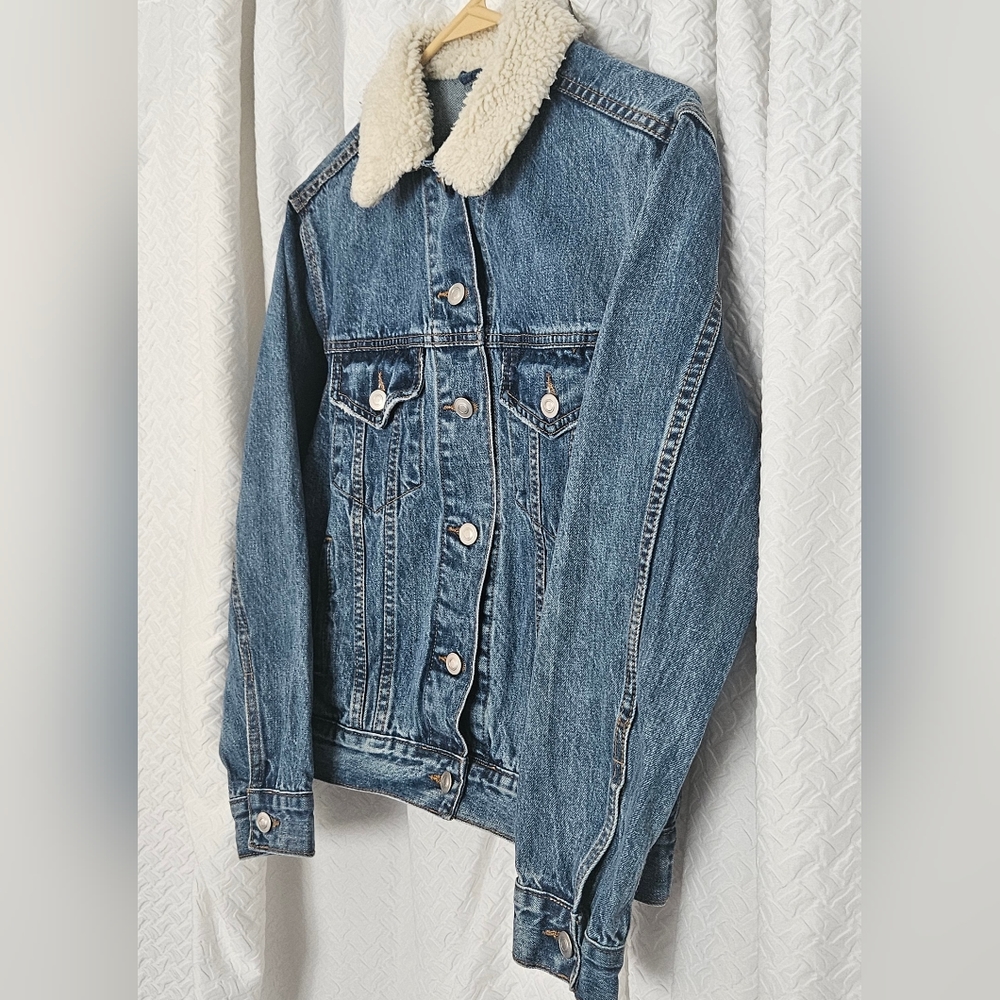 Unveil Faux Wool Sherpa Collar Denim Buttoned Jacket SZ XS - Picture 2 of 9